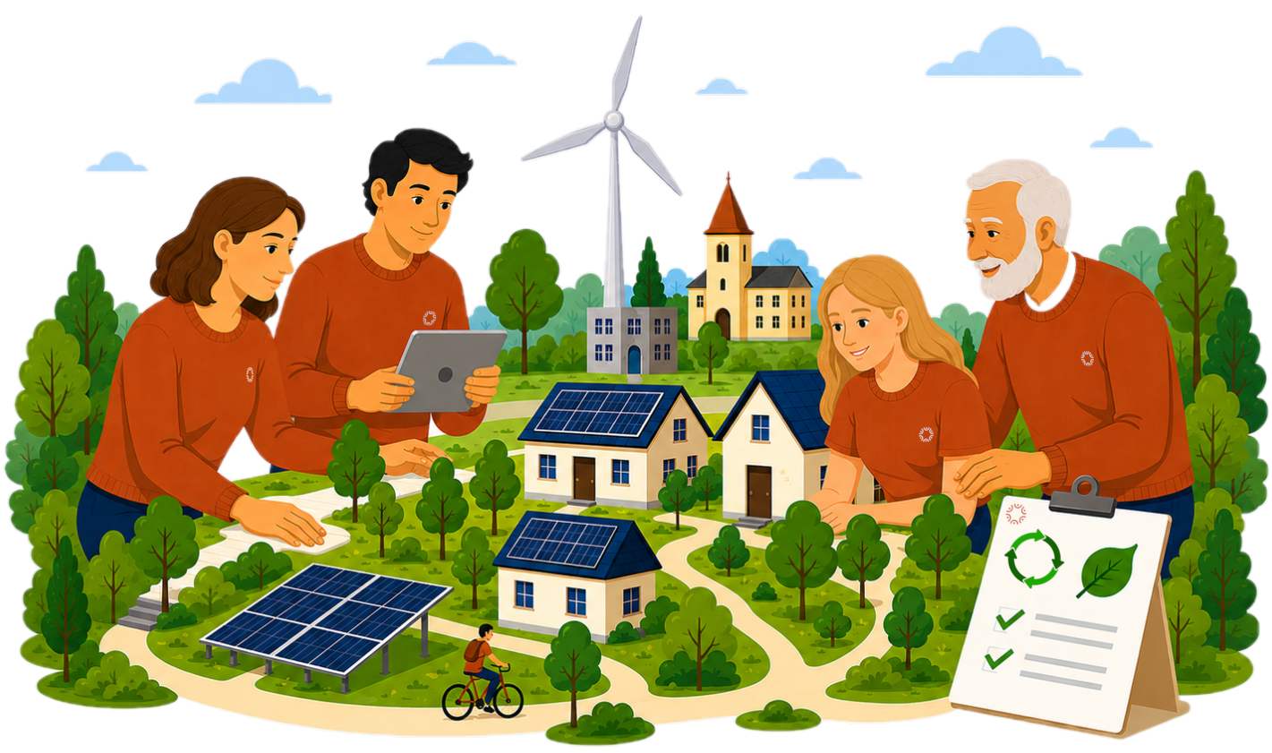 Illustration of an energy community: residents with a tablet and checklist beside homes with rooftop solar, a wind turbine and shared green spaces