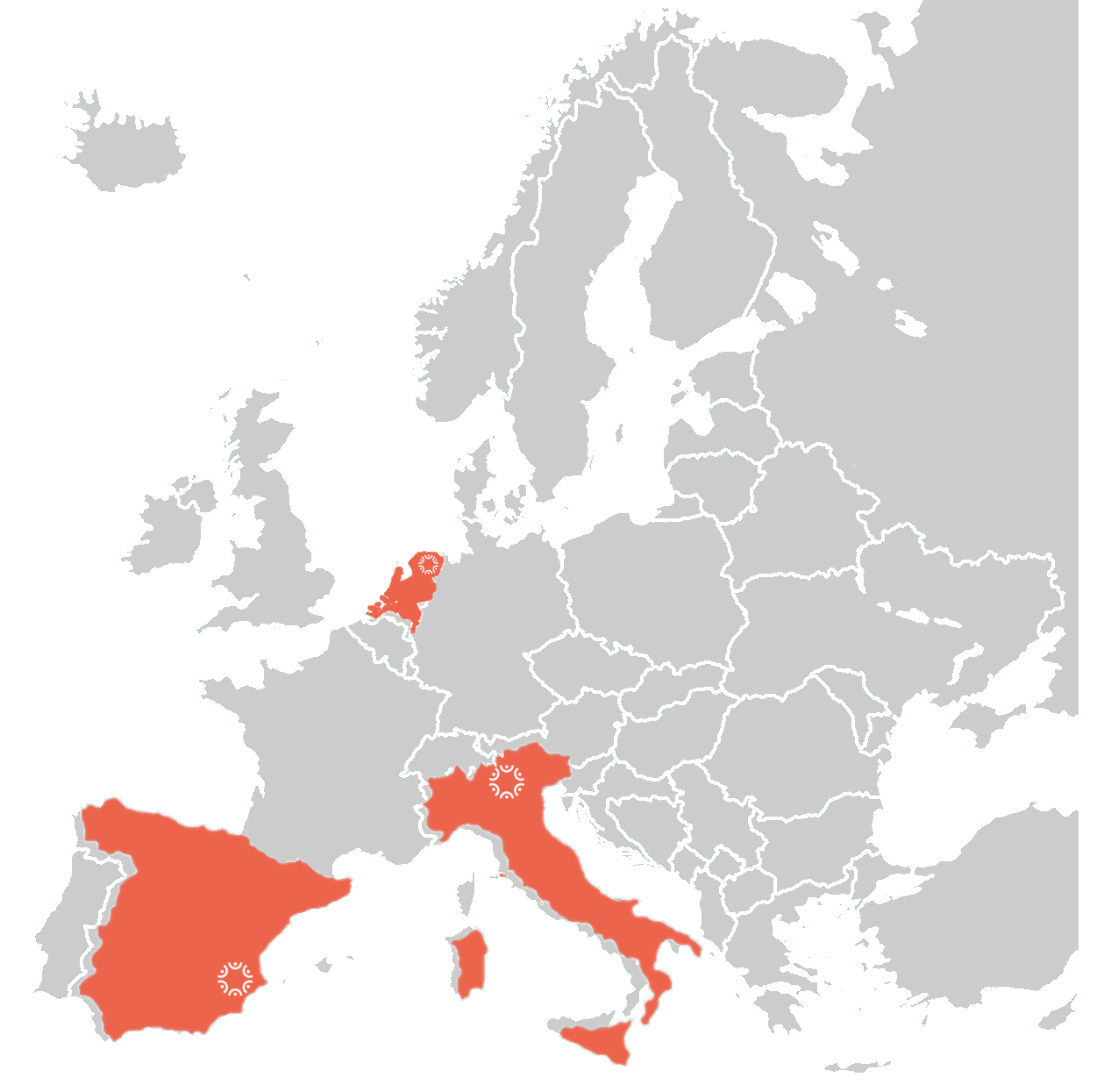 Map of Europe marking the locations of the COMMUNITAS pilot energy communities