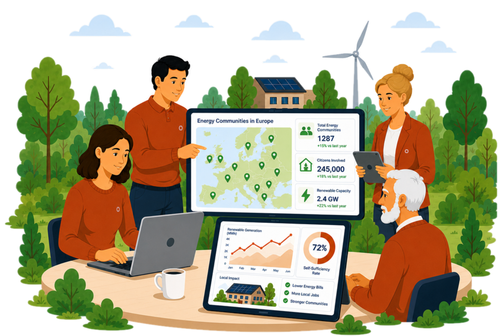 Illustration of an energy community team reviewing maps, charts and dashboards showing pilot results, beside homes with rooftop solar and a wind turbine