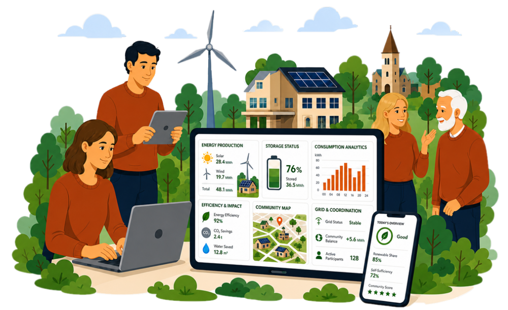 Illustration of an energy community team reviewing tablets and dashboards showing energy analytics, beside homes with rooftop solar and a wind turbine